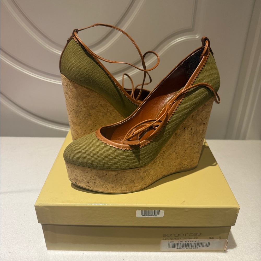 Brand New Sergio Rossi Olive Green Wedge Shoes